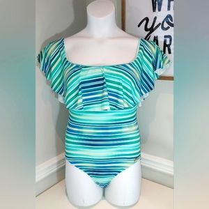 Vince Camuto Striped Ruffled Off the Shoulder One Piece Swimsuit NWT